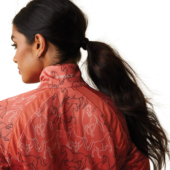 Womens Sunstopper 2.0 1/4 Zip Base Layer Burnt Sienna Mirror Print