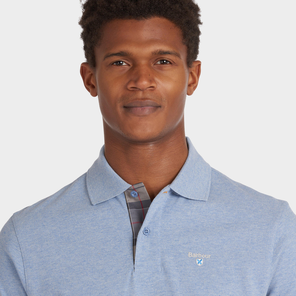 Mens Tartan Pique Polo Shirt Sky Marl