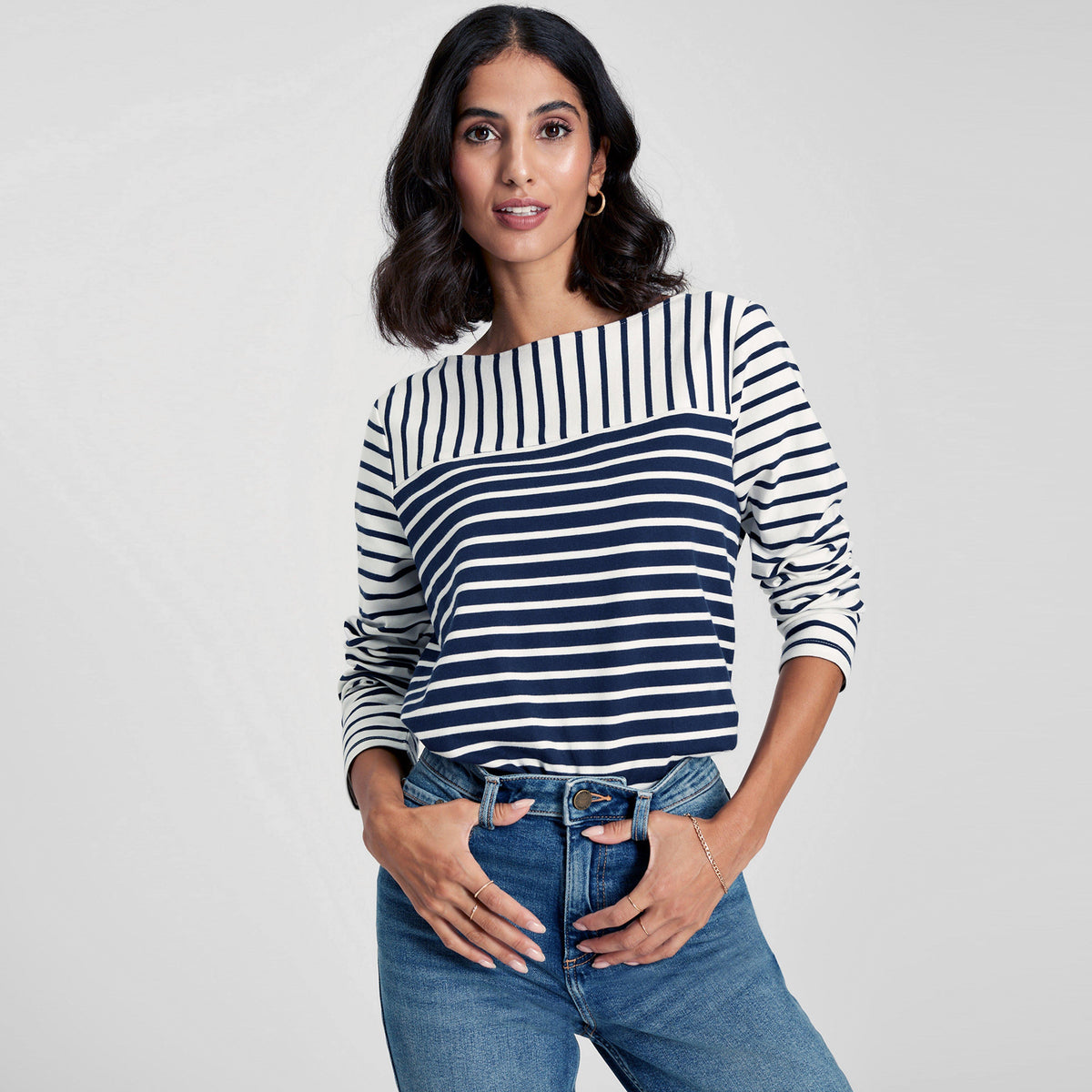 Womens Harbour Long Sleeve Jersey Top Cream Hotch Potch Stripe