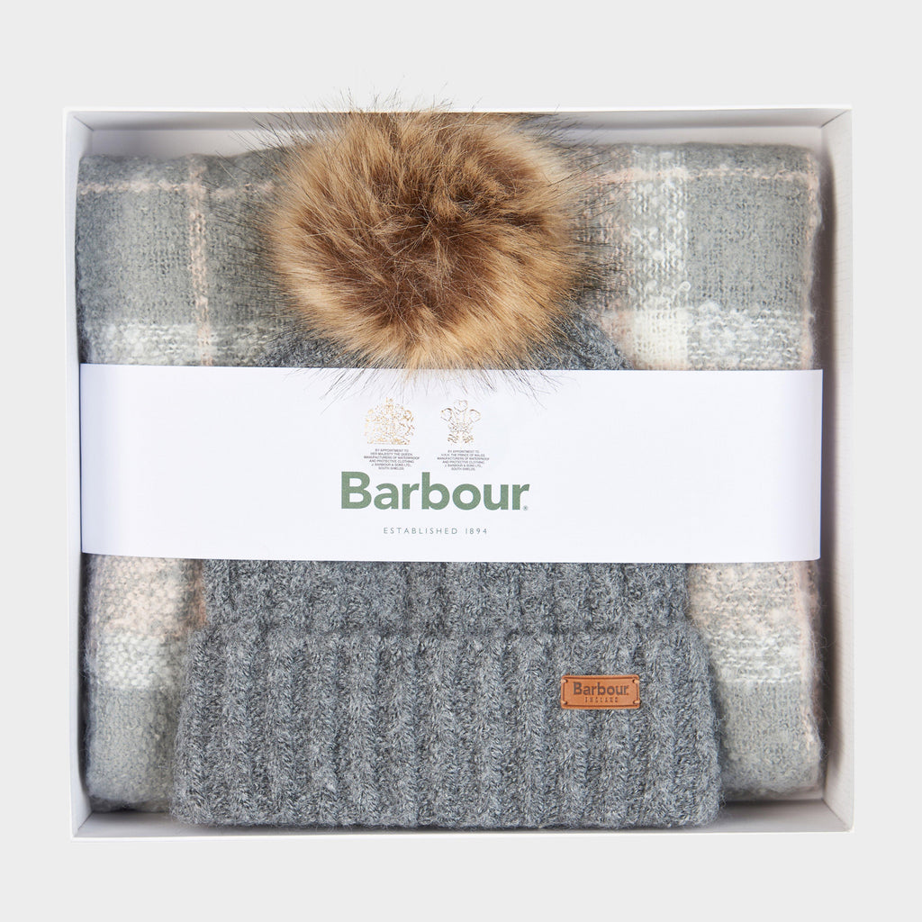 Womens Saltburn Beanie & Tartan Scarf Set Grey Rose