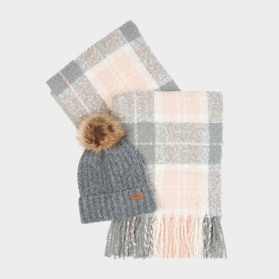 Womens Saltburn Beanie & Tartan Scarf Set Grey Rose