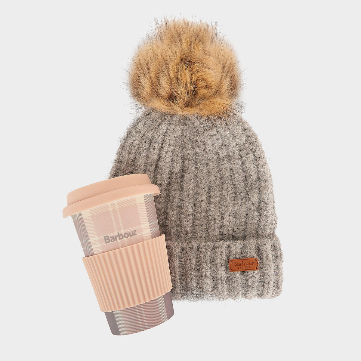 Womens Travel Mug And Beanie Set Pink/Grey