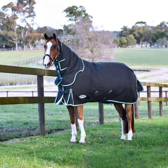 ComFiTec Ultra Comfi Detach-A-Neck 220g Mediumweight Turnout Rug Charcoal/Teal Blue/White