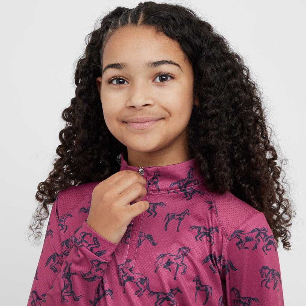 Kids Autumn Sally Long Sleeve Riding Top Red Violet Frolicking Horses