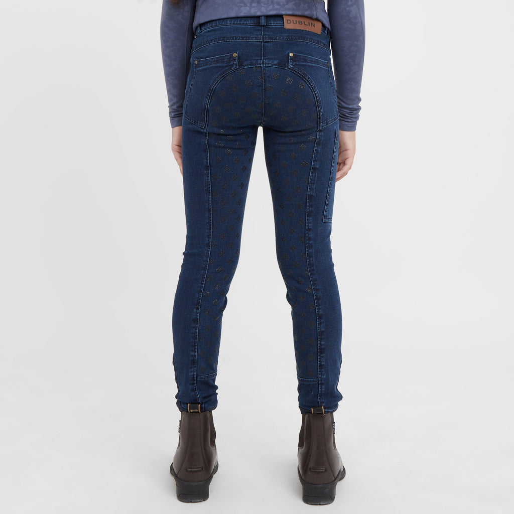 Kids Shona Full Grip Silicone Print Denim Breeches Light Blue Denim