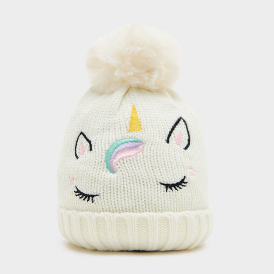 Kids Embroidered Unicorn Beanie White