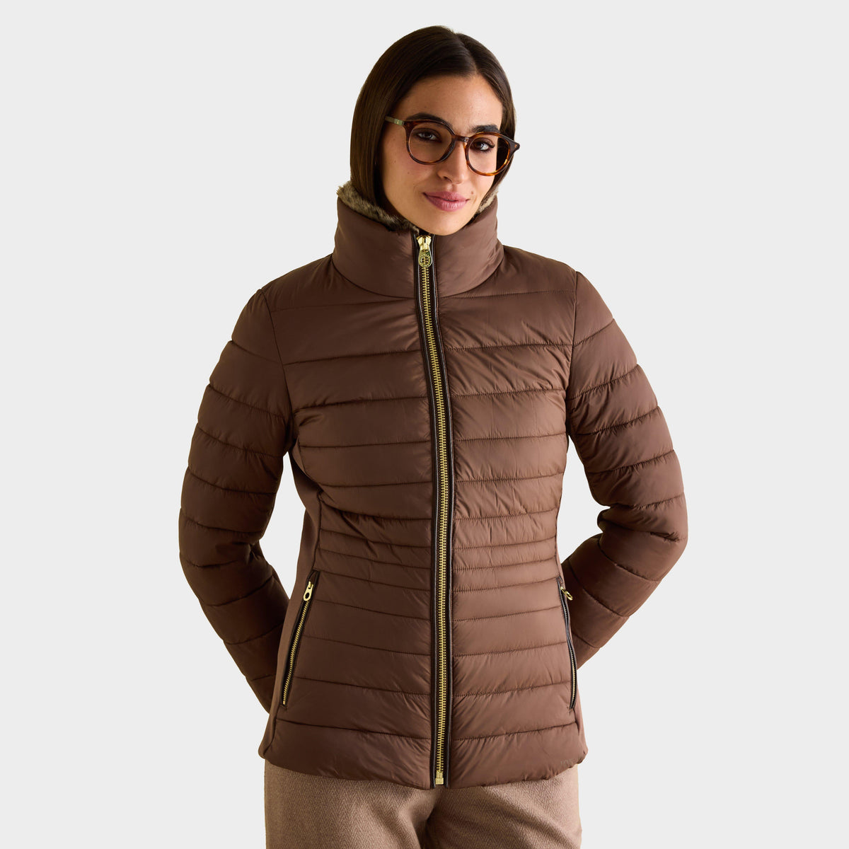 Womens Beckley Padded Showerproof Jacket With Faux Fur Trim Brown