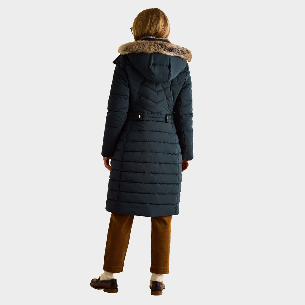 Womens Cherington Showerproof Longline Padded Coat with Faux Fur Hood Navy