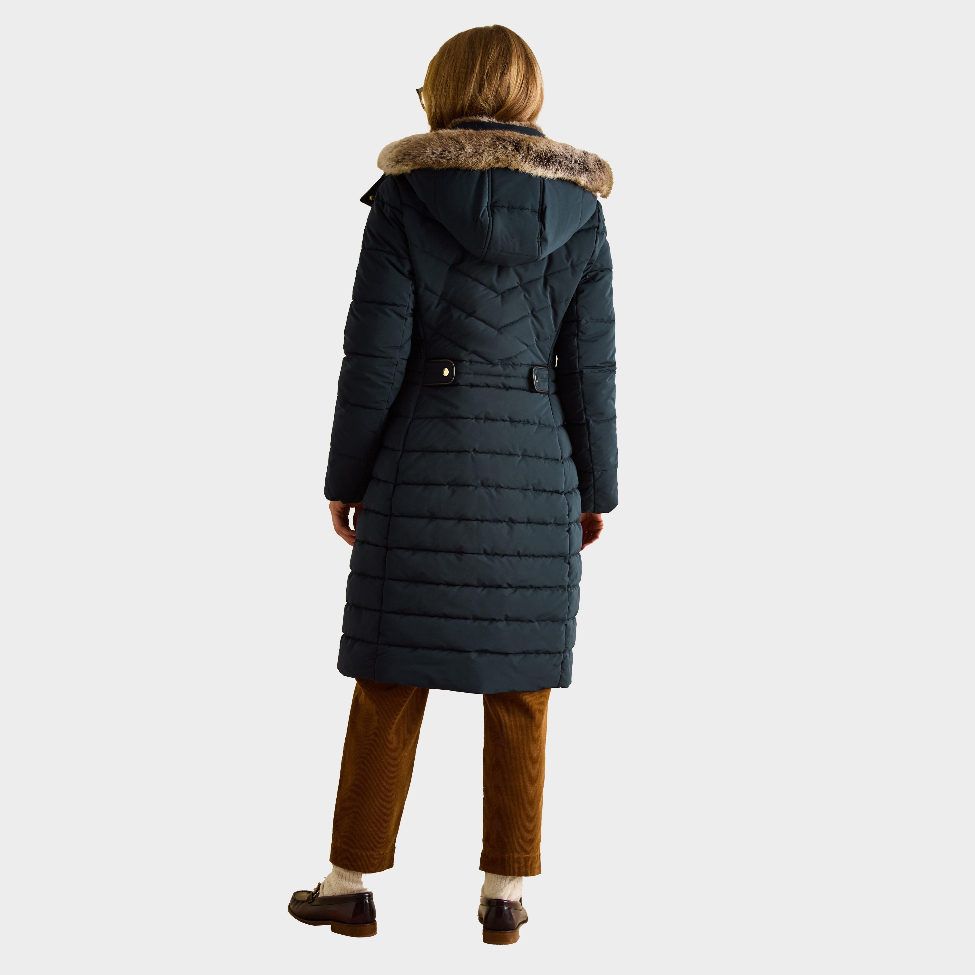 Womens Cherington Showerproof Longline Padded Coat with Faux Fur Hood Navy