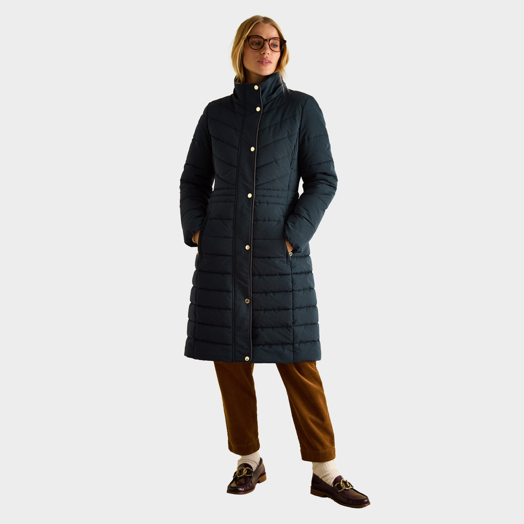 Womens Cherington Showerproof Longline Padded Coat with Faux Fur Hood Navy