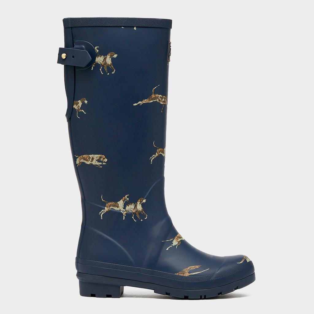 Womens Dog Print Adjustable Tall Wellies Navy Blue