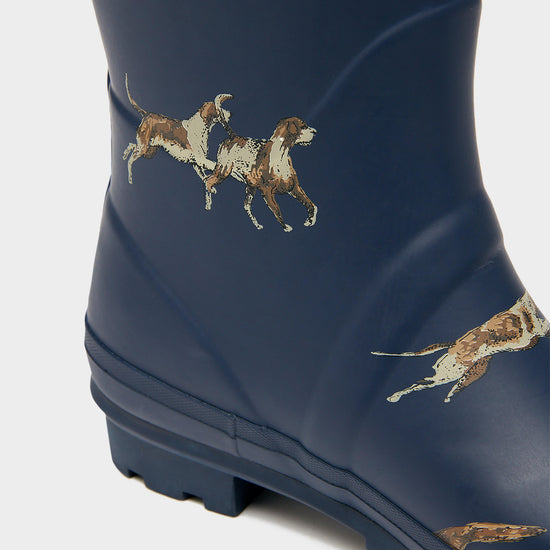 Womens Dog Print Adjustable Tall Wellies Navy Blue