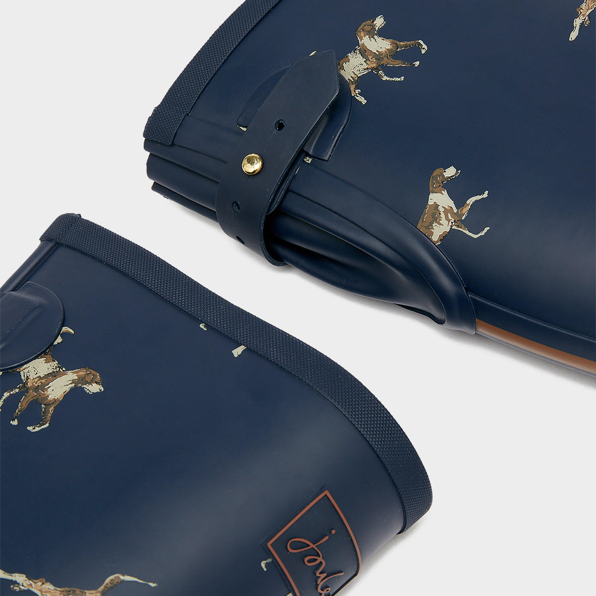 Womens Dog Print Adjustable Tall Wellies Navy Blue