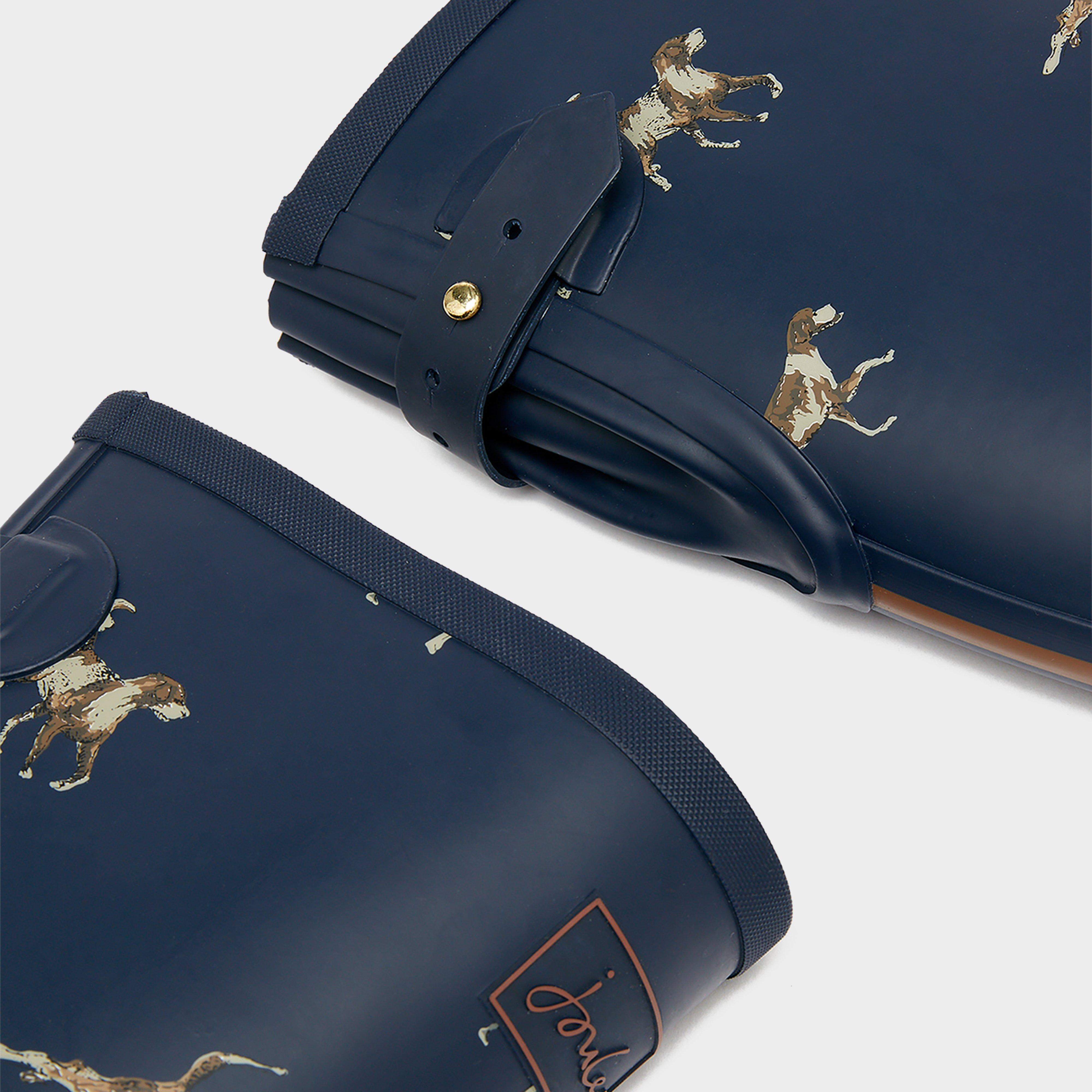 Womens Dog Print Adjustable Tall Wellies Navy Blue