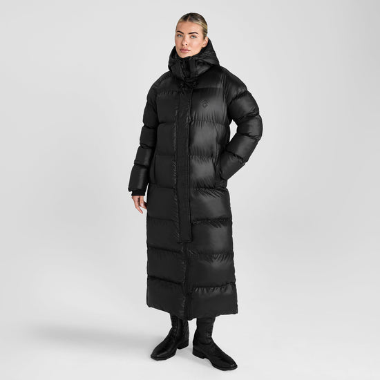 Womens Heavy Quilted Long Puffer Jacket Black