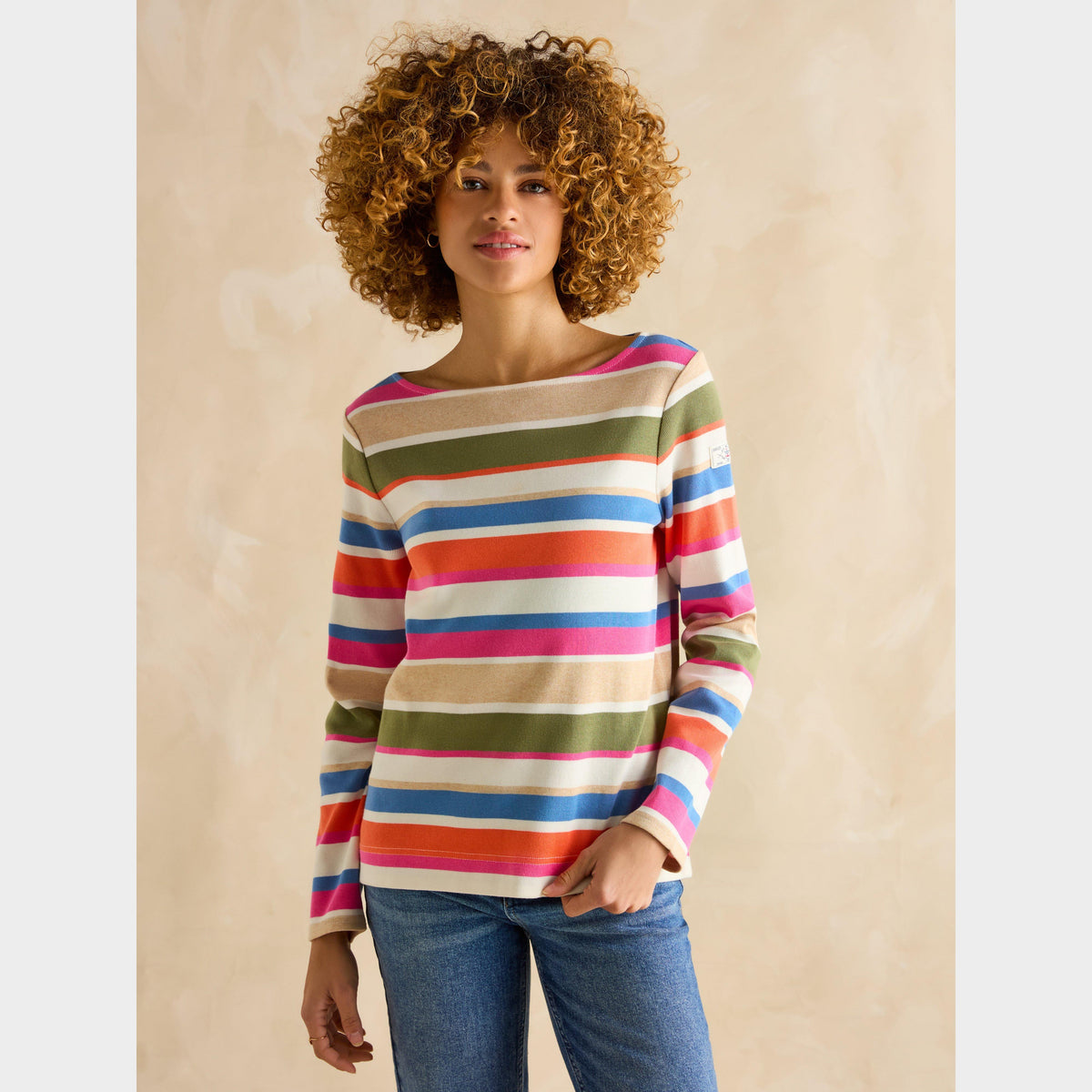 Womens Harbour Boat Neck Breton Top Khaki Multi Stripe