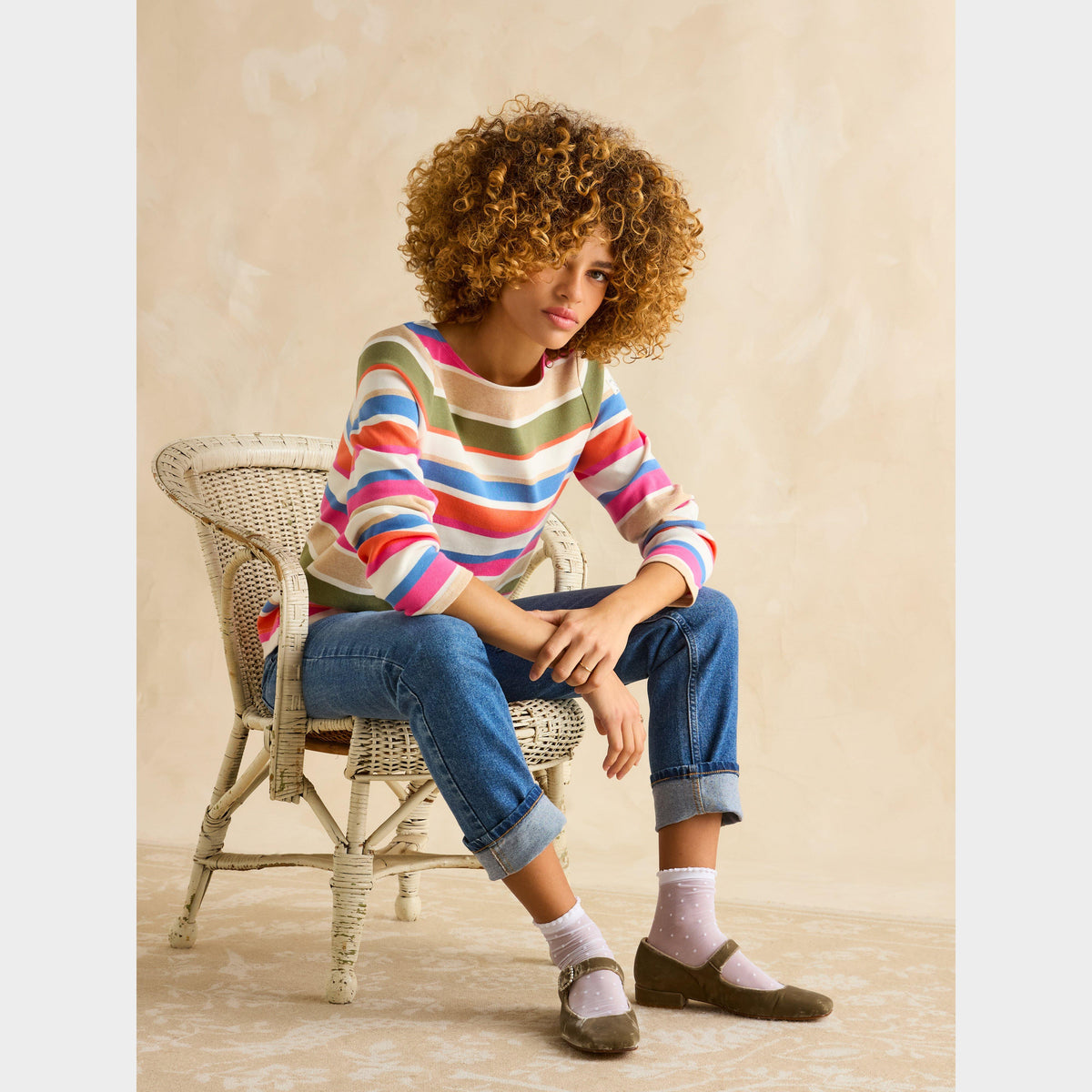 Womens Harbour Boat Neck Breton Top Khaki Multi Stripe