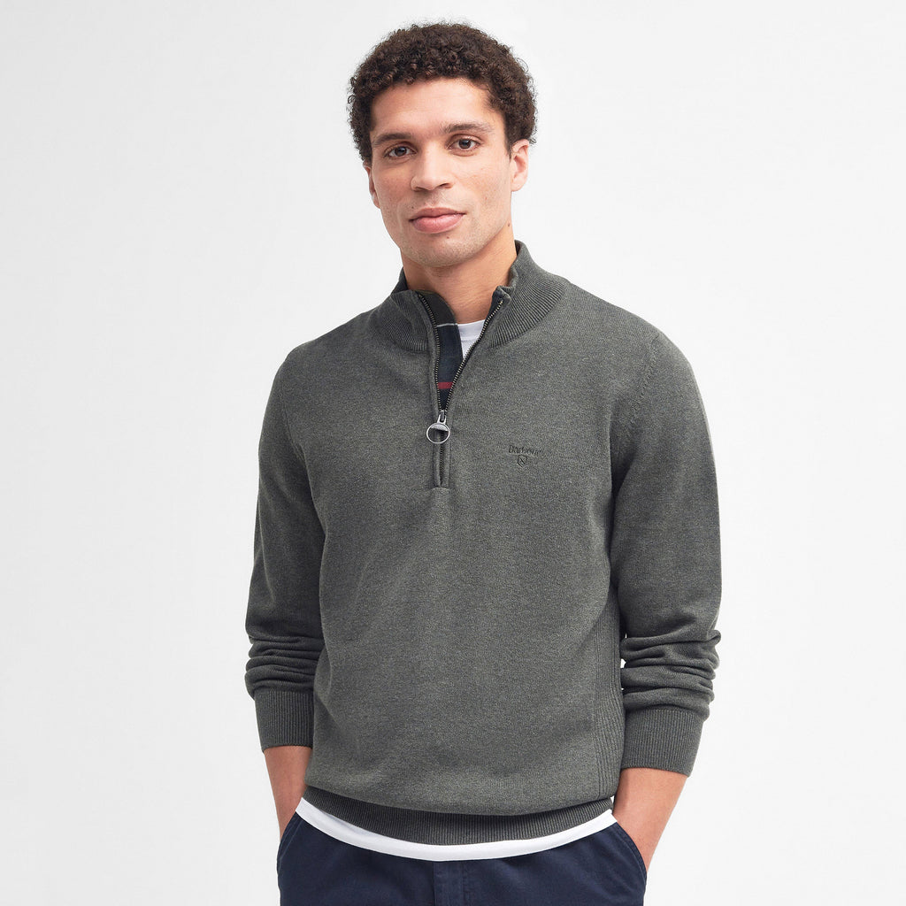 Mens Cotton Half Zip Knitted Jumper Olive Marl