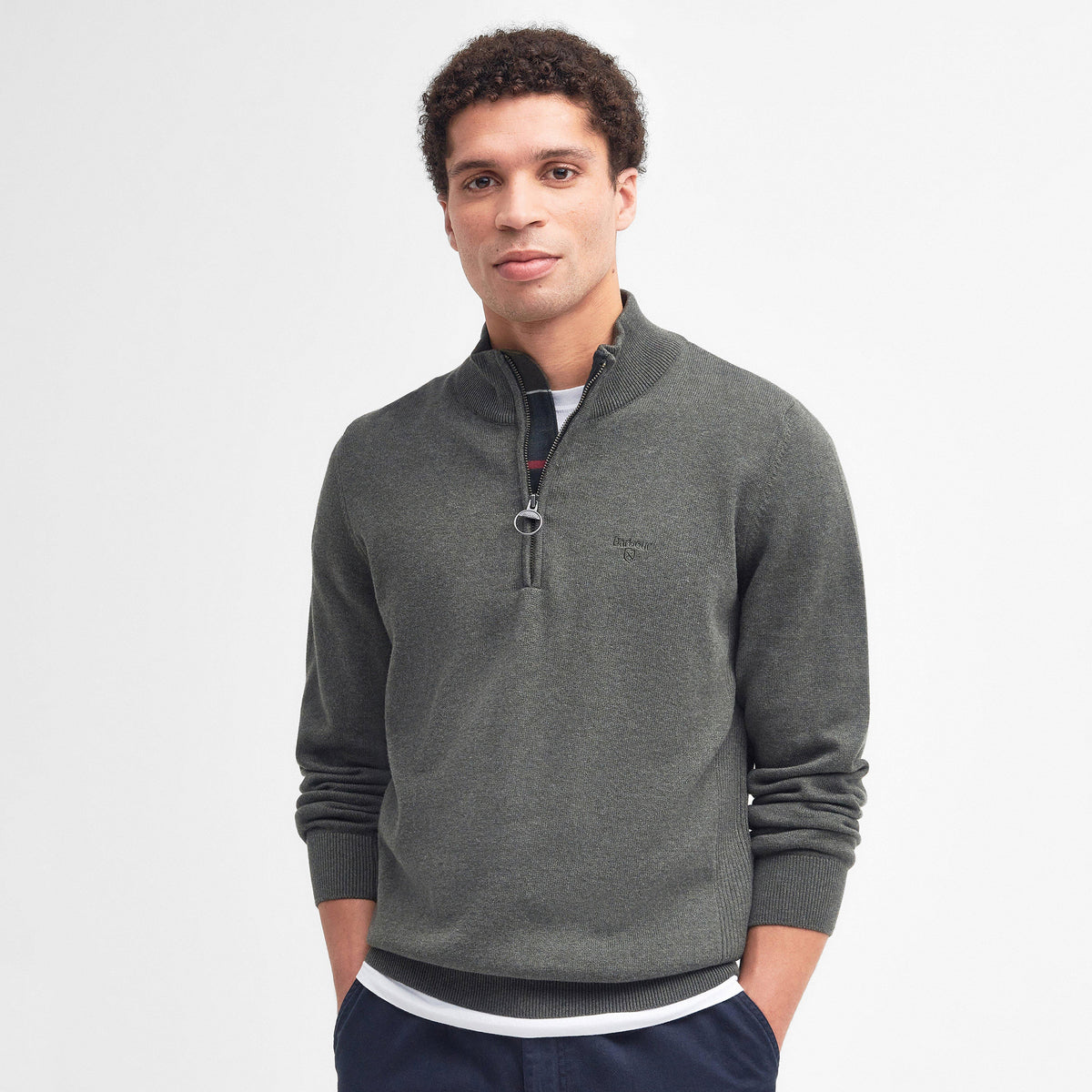 Mens Cotton Half Zip Knitted Jumper Olive Marl