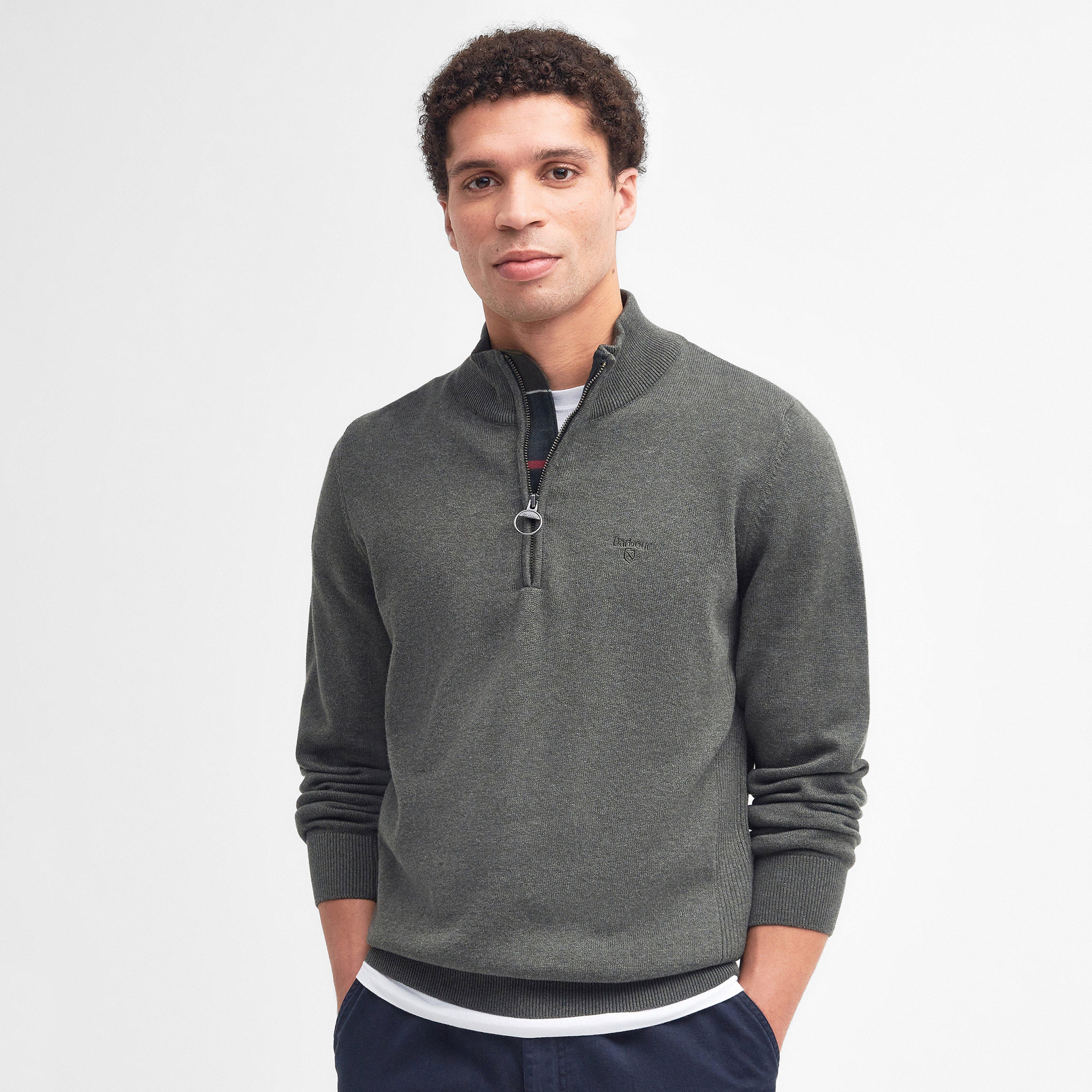 Mens Cotton Half Zip Knitted Jumper Olive Marl