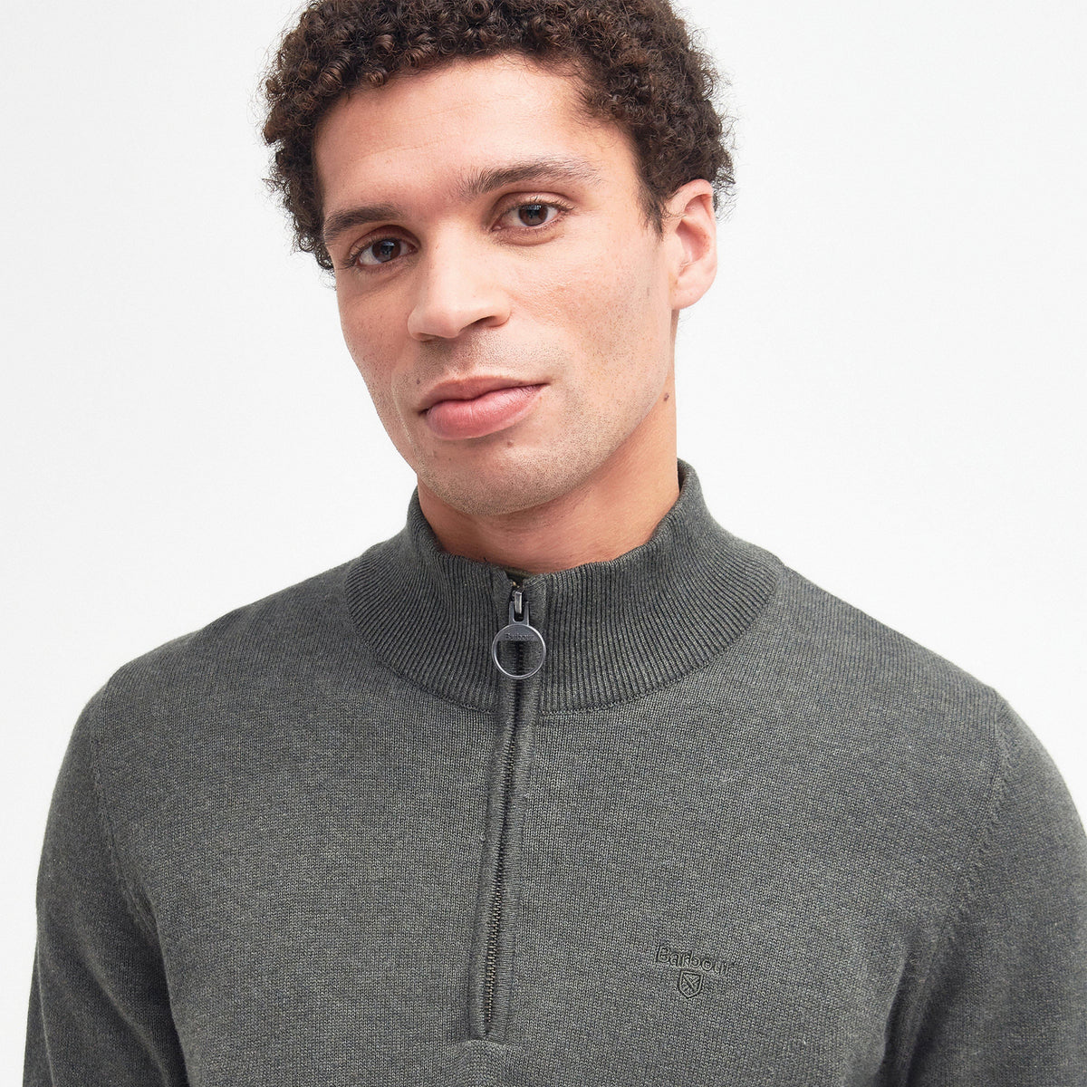 Mens Cotton Half Zip Knitted Jumper Olive Marl
