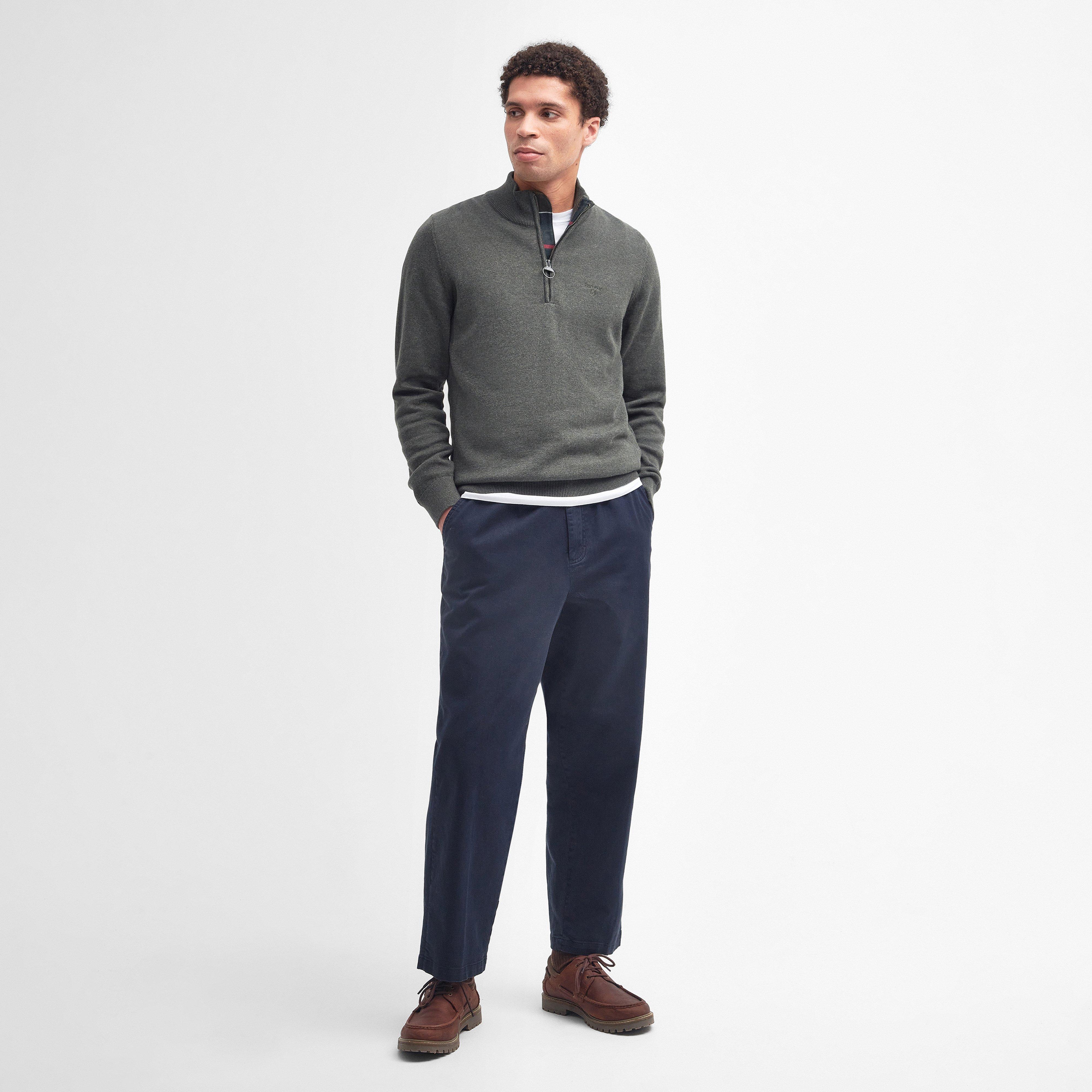 Mens Cotton Half Zip Knitted Jumper Olive Marl