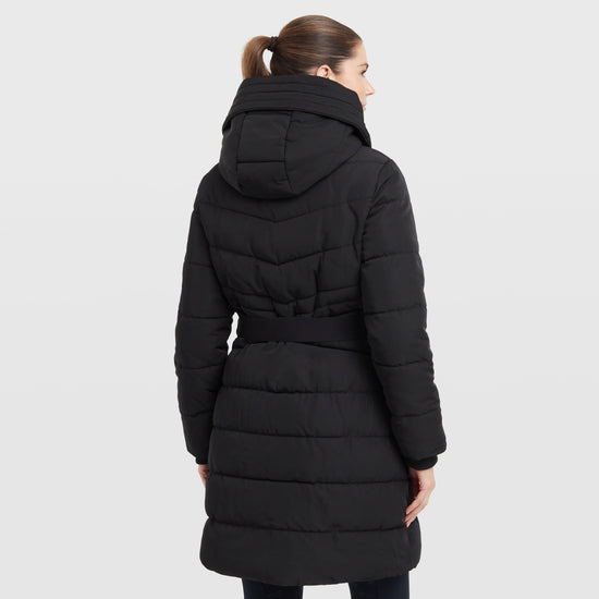 Womens Belted Longline Puffer Black