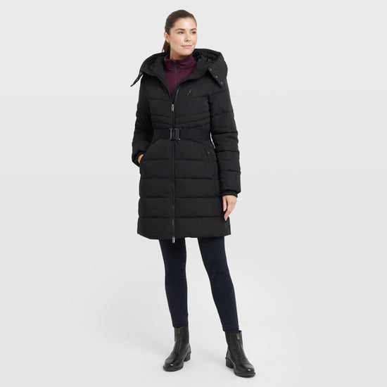 Womens Belted Longline Puffer Black
