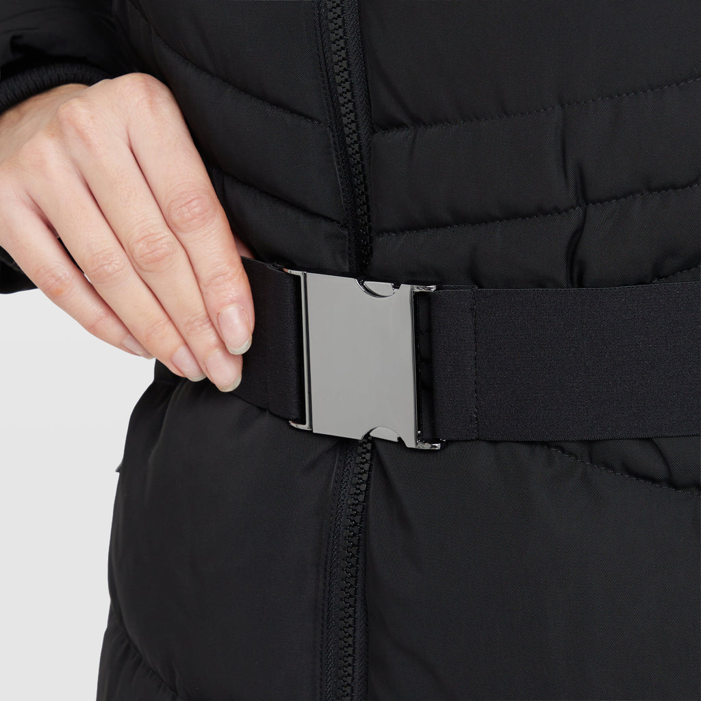 Womens Belted Longline Puffer Black