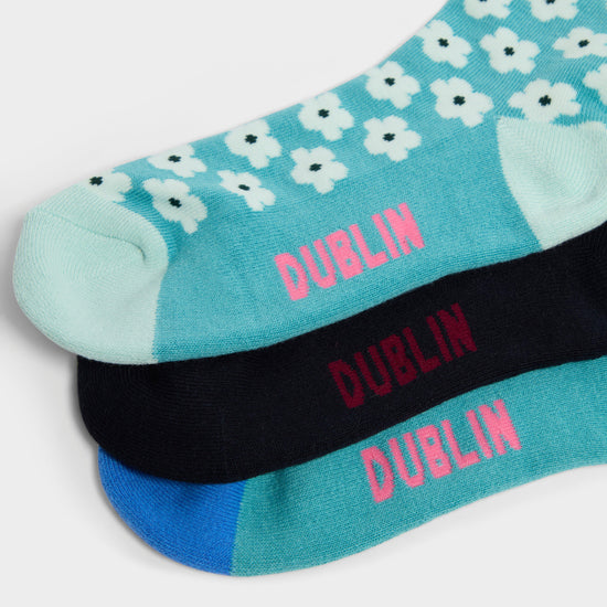 Adults 3 Pack Socks Teal/Geometric/Flowers