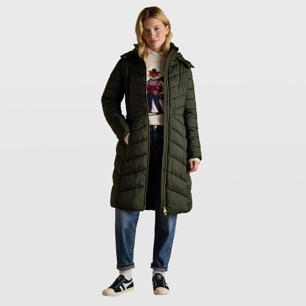 Womens Pembury Showerproof Longline Padded Coat With Hood Khaki