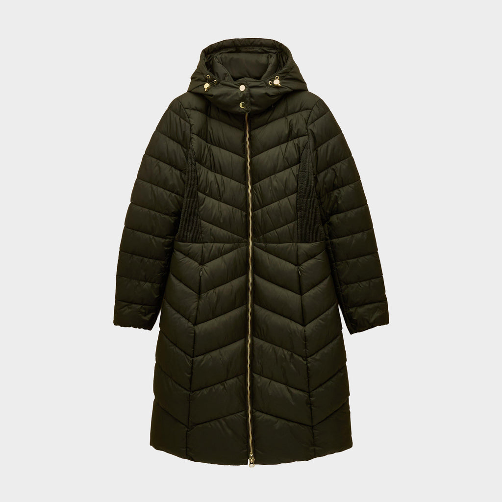 Womens Pembury Showerproof Longline Padded Coat With Hood Khaki