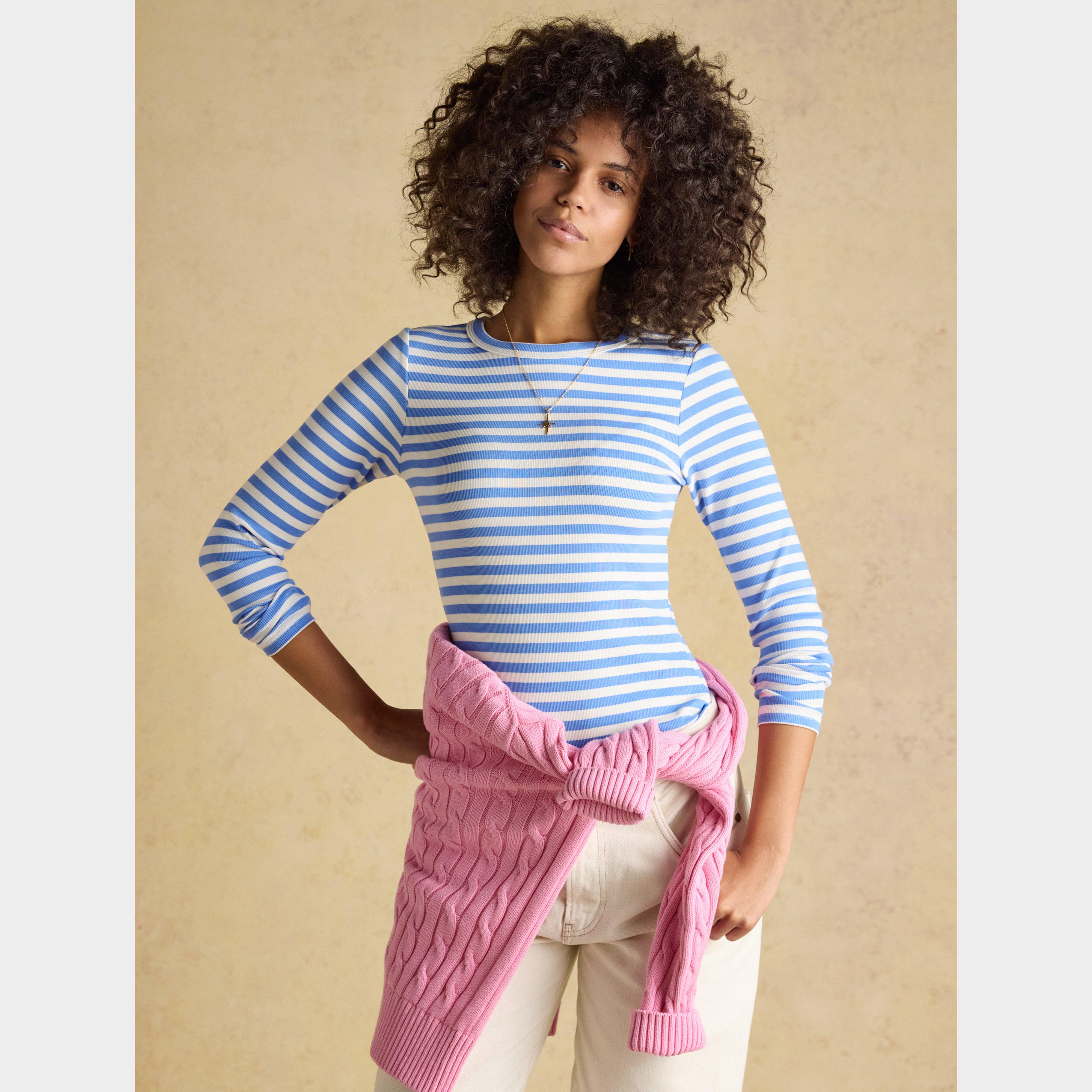 Women's Sophie Navy Striped Long Sleeve Ribbed Fitted T-Shirt