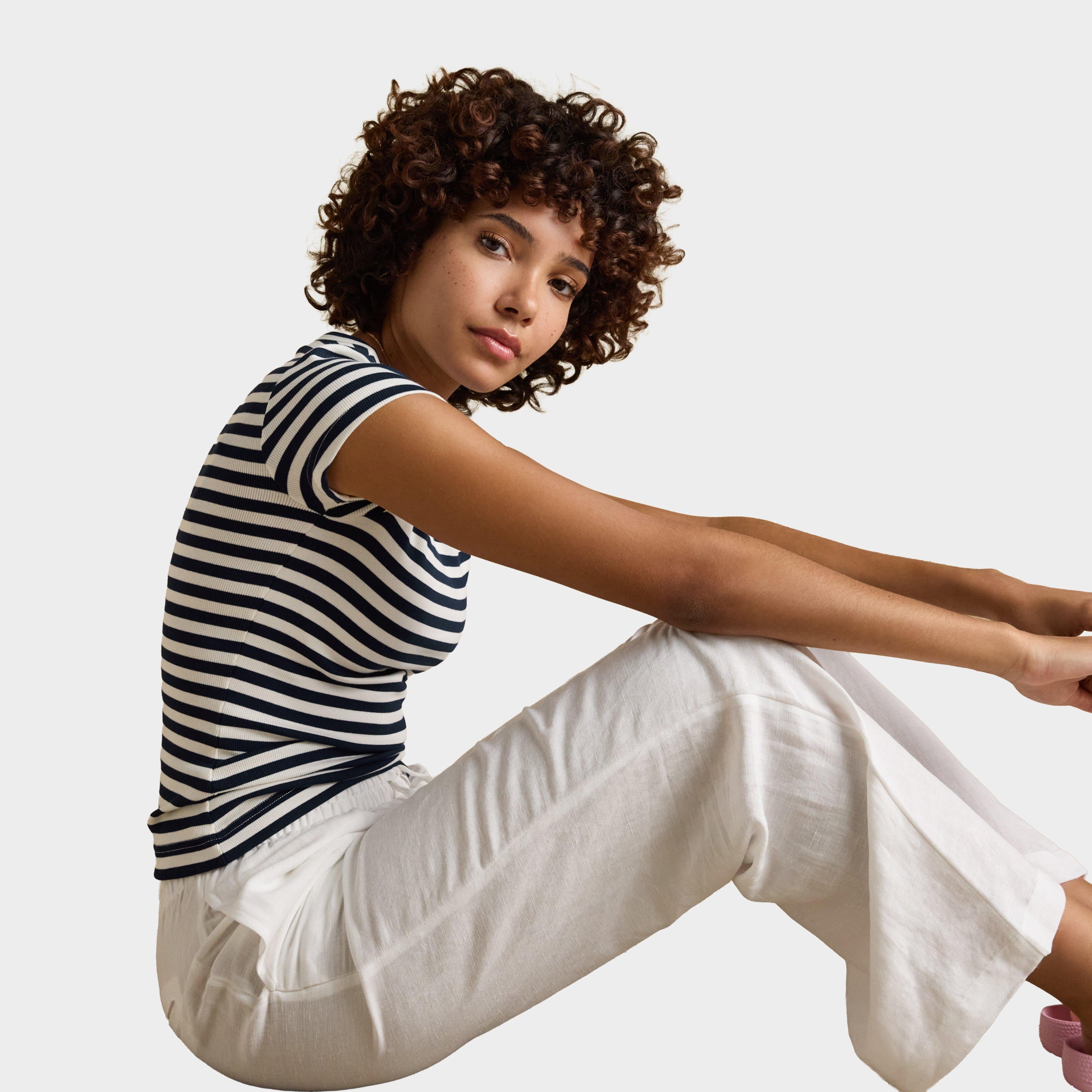 Women's Sophie Navy Striped Short Sleeve Ribbed Fitted T-Shirt